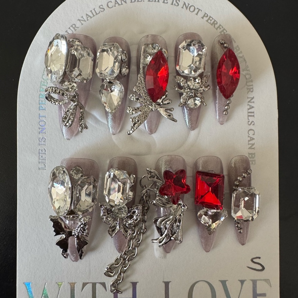 Size S Handmade Elegant Silver and Red Gemstone Nail Set, perfect for party
